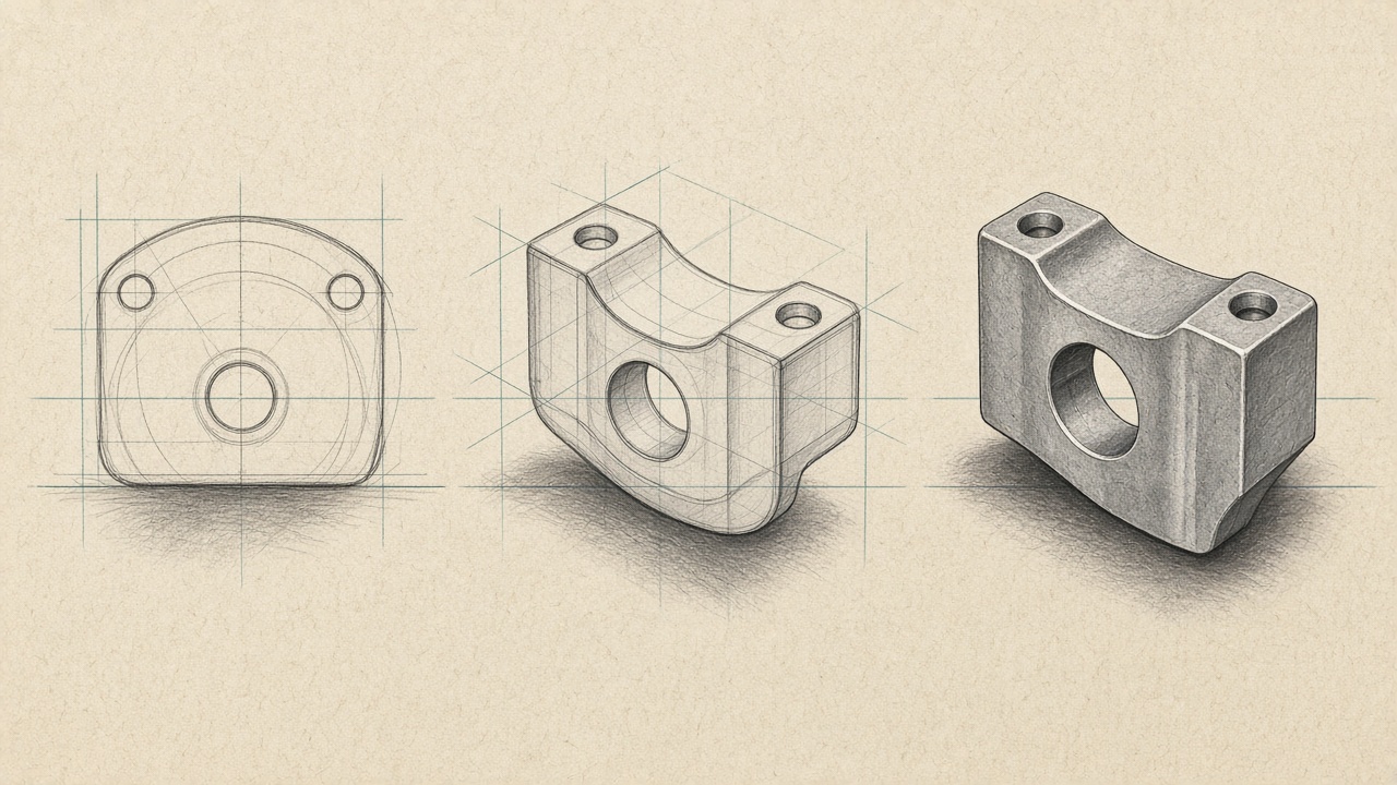 Sketch, translucent solid, then a finished bracket.